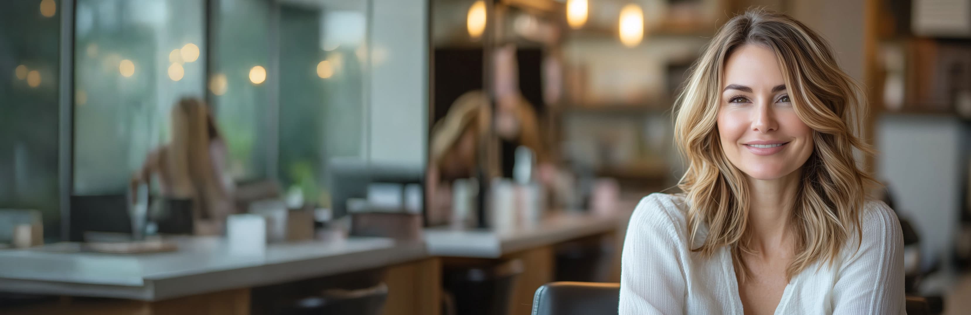 Happy client with freshly styled hair at Stacey Owen Styling